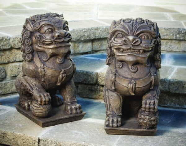 Foo Dog Statues Garden Cement Set Left & Right